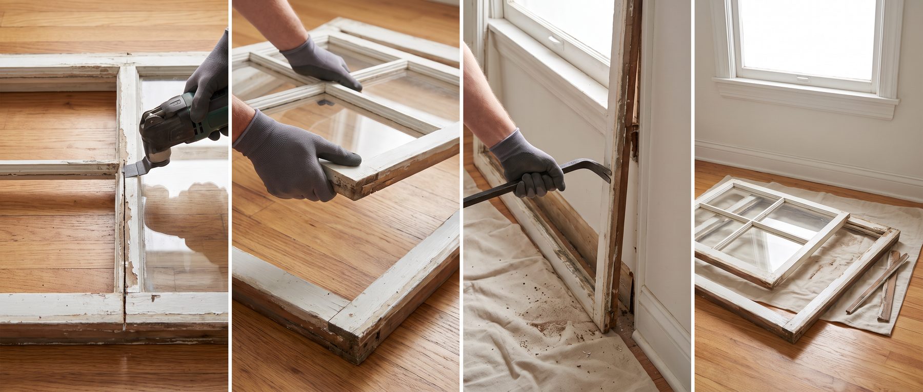 Ausgehängter Altfensterflügel beim Ausbau