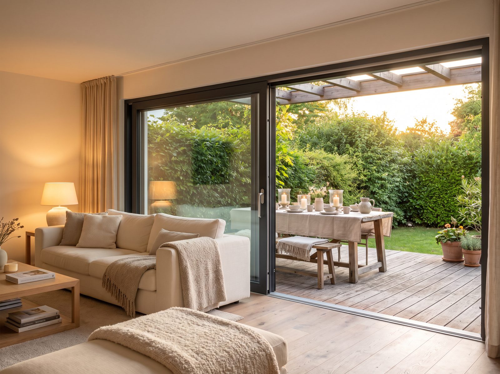 Weit geöffnete Hebeschiebetür zwischen Wohnzimmer und gedeckter Holzterrasse am Sommerabend