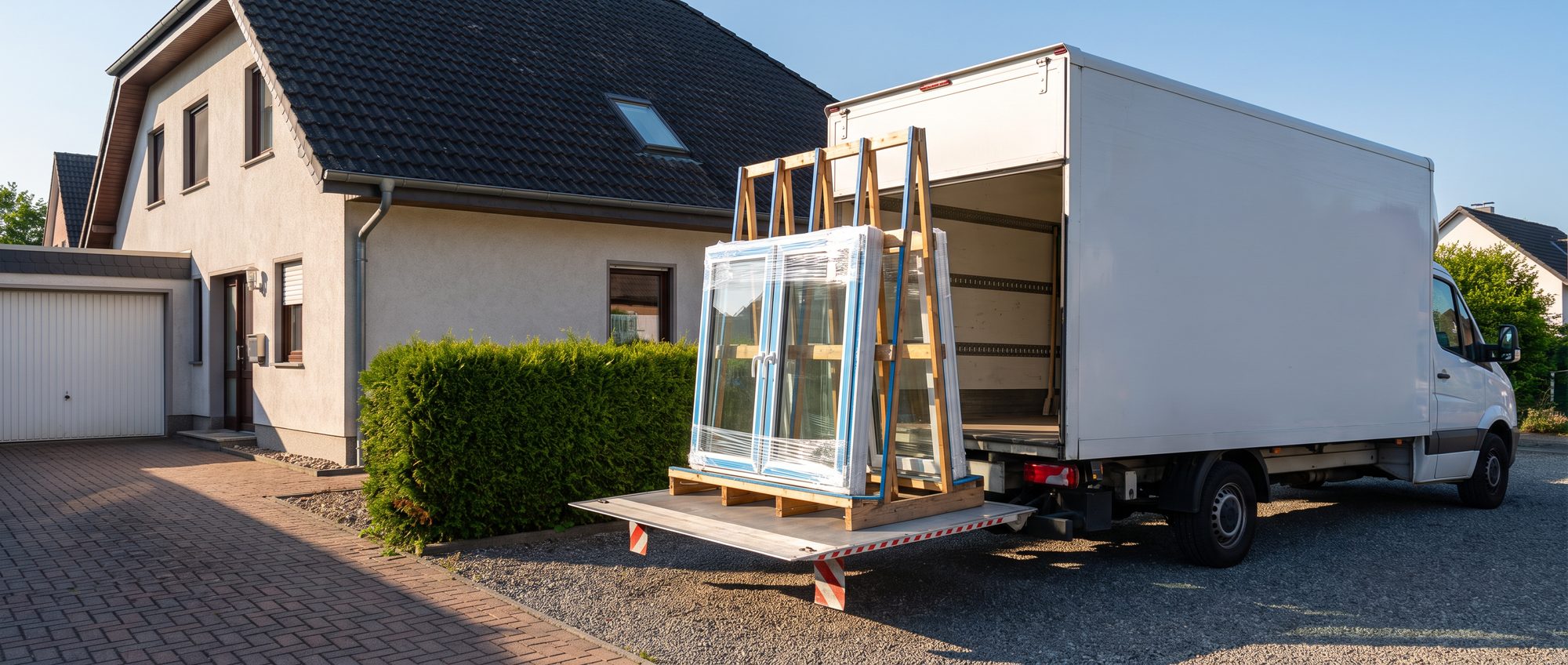 Speditions-Lkw liefert neue Fenster auf dem Transportgestell vor einem Einfamilienhaus an